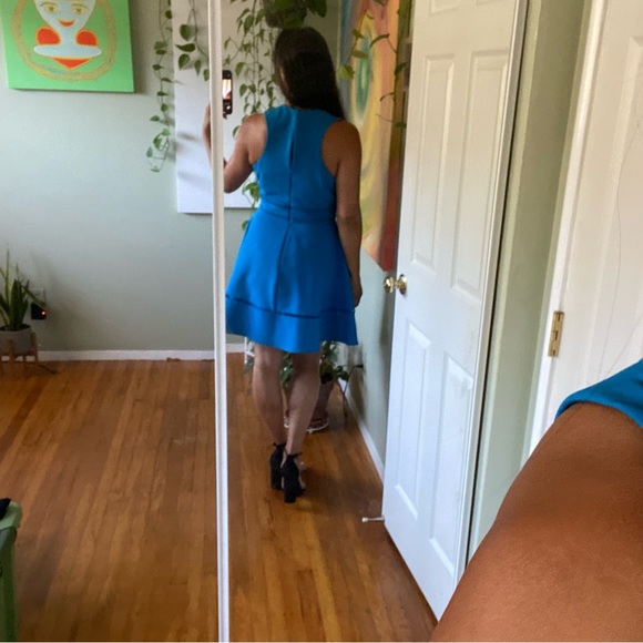 Blue, sleeveless, v neck, skater dress with zip up back. - Picture 7 of 7